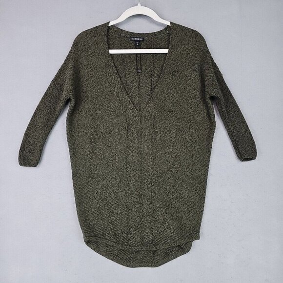 Express Slouchy Tunic Top Womens XS Green Sweater Knit Boho Chic Elegant Casual - Picture 1 of 7